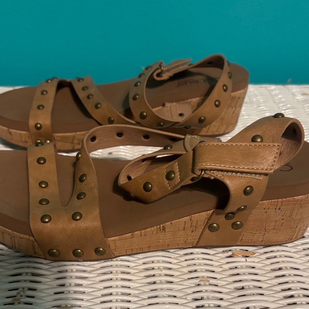 Corkys Tan Studded Cork Wedge Sandals - Women's - Picture 7 of 8